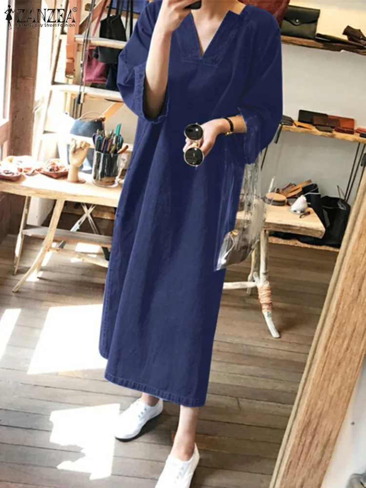 Винтажное джинсовое синее платье ZANZEA, женское повседневное мешковатое джинсовое платье, модное платье с V-образным вырезом и рукавом 3/4, Женский праздничный сарафан большого размера Винтажное джинсовое синее платье ZANZEA, женское повседневное мешковатое джинсовое платье, модное платье с V-образным вырезом и рукавом 3/4, Женский праздничный сарафан большого размера