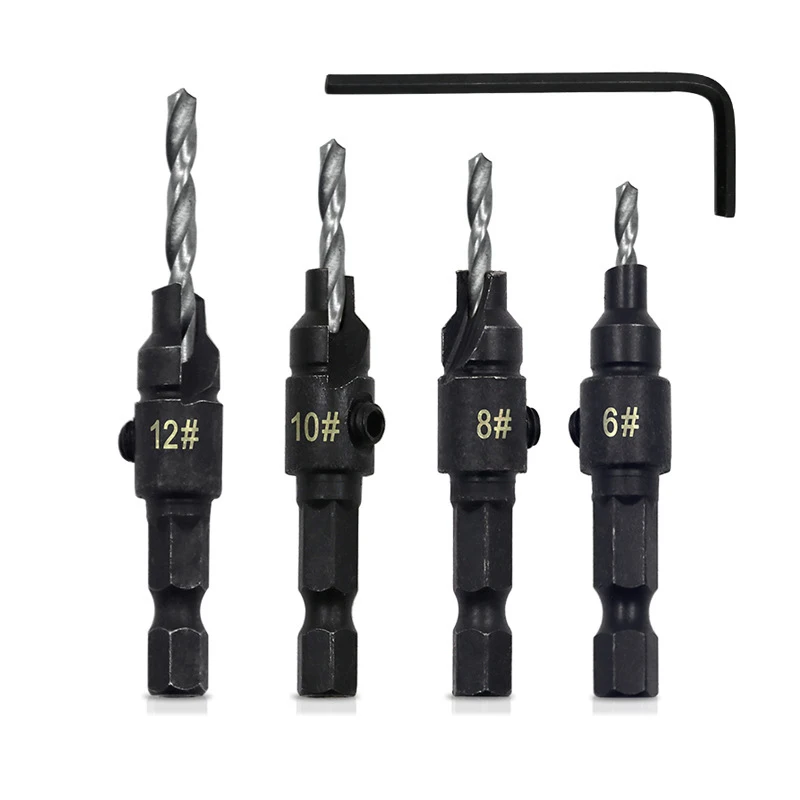 

4/5PCS Hexagonal Shank Titanium Plated Countersunk Head Twist Drill Set Woodworking Hole Opener Chamfer Punching Integrated High
