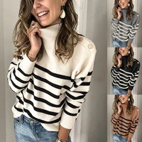 2022 autumn and winter new new knitted sweater turtleneck pullover shoulder strap buttoned striped sweater women