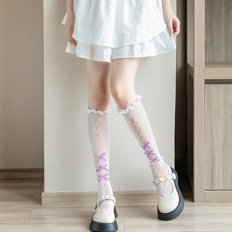 

Женские готические сетчатые гольфы до колена в стиле панк, милые ажурные бархатные носки в японском стиле с оборками и ремешками с бантом для косплея
