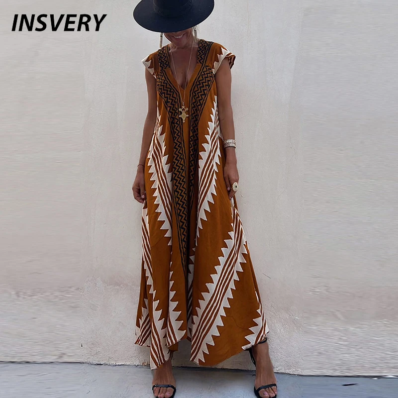 

Платье-Макси женское с винтажным принтом, праздничное пляжное модное повседневное длинное в стиле бохо, на лето