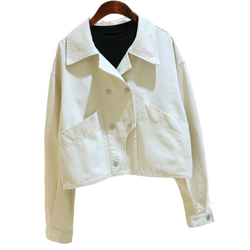 

Spring Autumn Fashion Beige Denim Jacket Women Loose Short Student Cowboy Outerwear Suit Collar Big Pocket Jeans Jacket Female