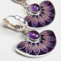 vintage silver color half circle drop earrings ethnic metal inlaid purple zircon leaves dangle earrings for women jewelry