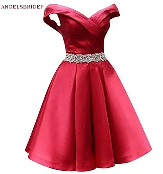 

V-Neck Homecoming Dresses 2021 Vestidos De Festa Sexy Off-Shoulder Crystal Satin Graduation Formal Party Gowns