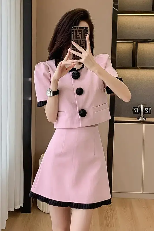 

Женский Повседневный костюм из двух предметов, укороченный топ на пуговицах с 3D розами и пышными рукавами и мини-юбка с высокой талией, летний костюм высокого качества