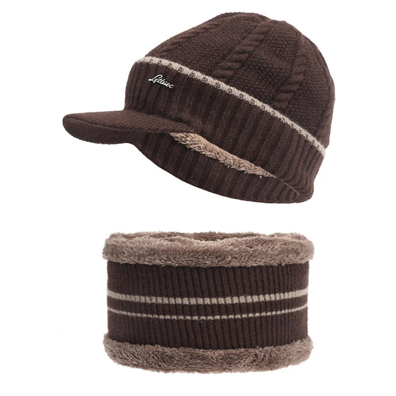 

Men Women's Winter Warm Hat Neck Scarf Set Thick Fleece Lined Knit Skull Cap Visor Cap Fashion Plush Knitted Hats for Ladies