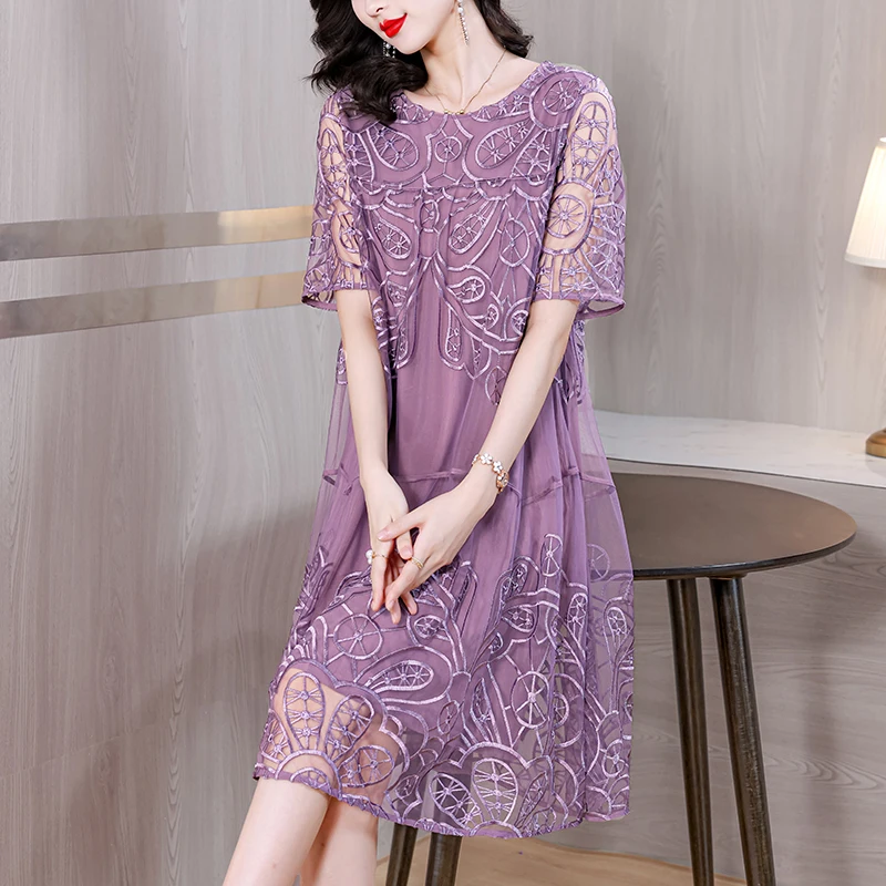 2023 High-end leisure temperament mulberry silk age over the knee loose large size high-end foreign style dress