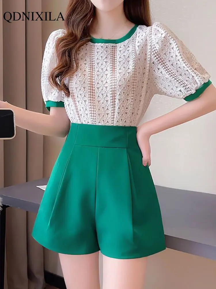 

Летние Элегантные женские короткие комплекты в Корейском стиле новинка подходящие комплекты Милая Кружевная рубашка с высокой талией зеленые шорты женский наряд