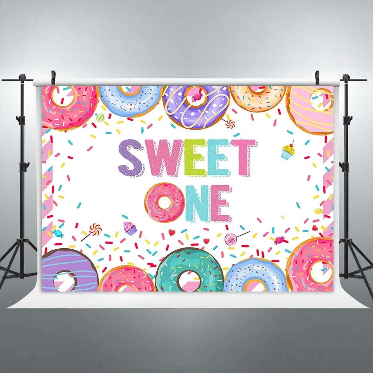 

Donut Theme Happy 1st Birthday Backdrop Sweet One Cake for Girl Photography Background Party Wall Table Banner Poster First Bday