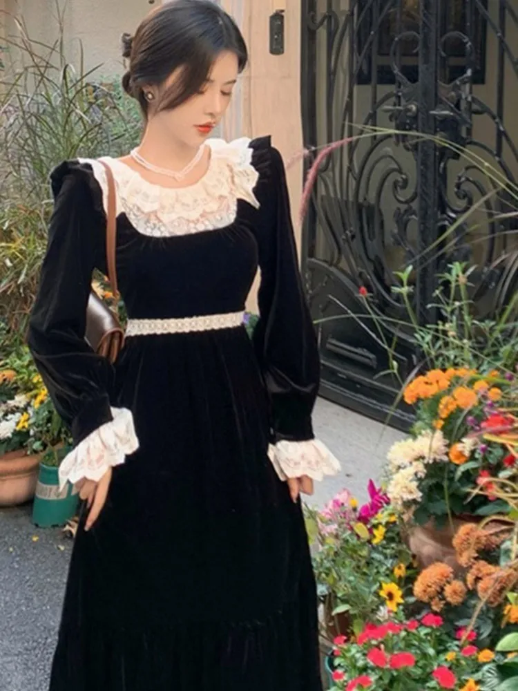 

Женское бархатное платье средней длины, Элегантное Вечернее приталенное платье во французском ретро-стиле с кружевом, в дворцовом стиле