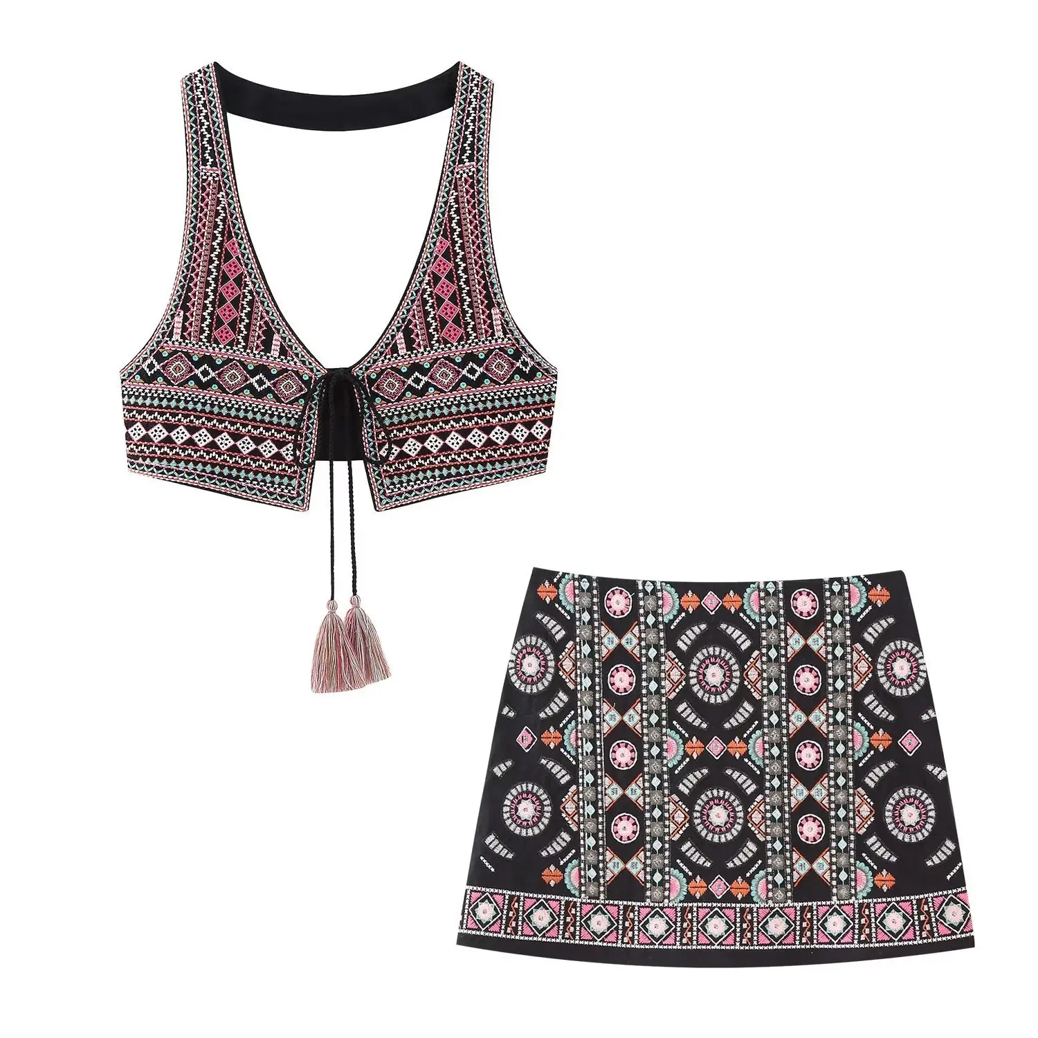 

Pokiha Модный женский винтажный сексуальный вышитый Топ без рукавов с открытой спиной облегающая мини-юбка с высокой талией шикарный комплект из двух предметов