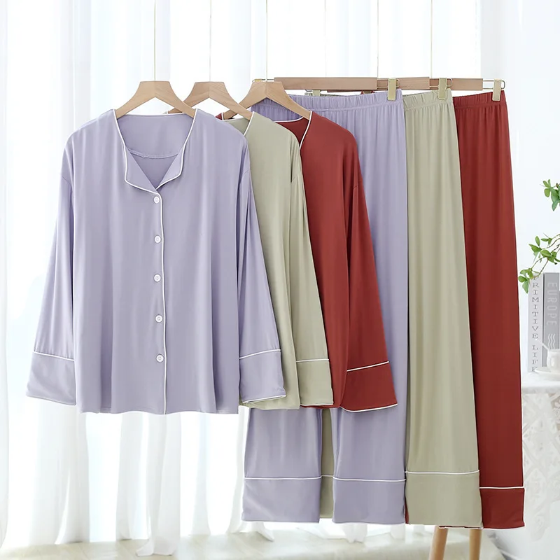 

Pajamas Set Women Modal Home Service Simple Four-season Loose Cardigan Long-Sleeved Trousers Pajamas 2-piece Set Solid Sleepwear