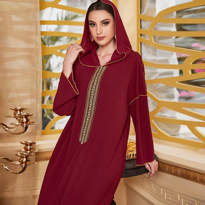 2022 Fashion Women Muslin Dress Ramadan Listing Hooded Collar Long Sleeve Printing Solid Color Patchwork Lady Dress For Spring