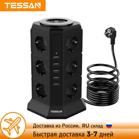 TESSAN Башенный удлинитель 12 розеток + 5 USB