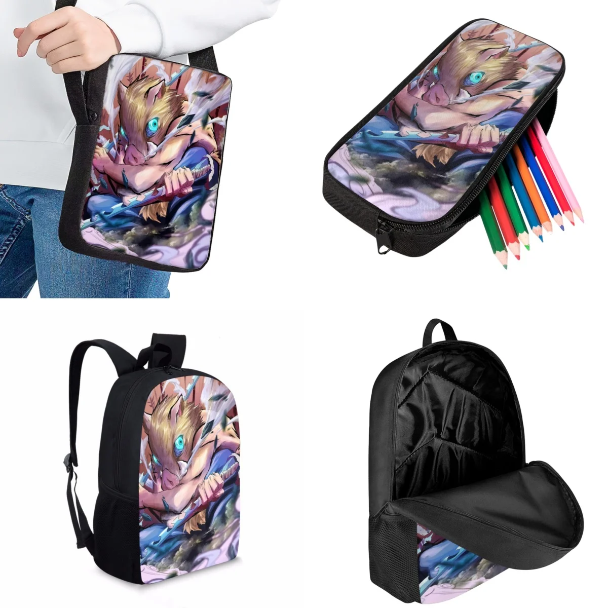 Jackherelook Japanese Anime Demon Slayer Hashibira Inosuke Children's School Bags Set Fashion Trend Boys Girls School Backpacks