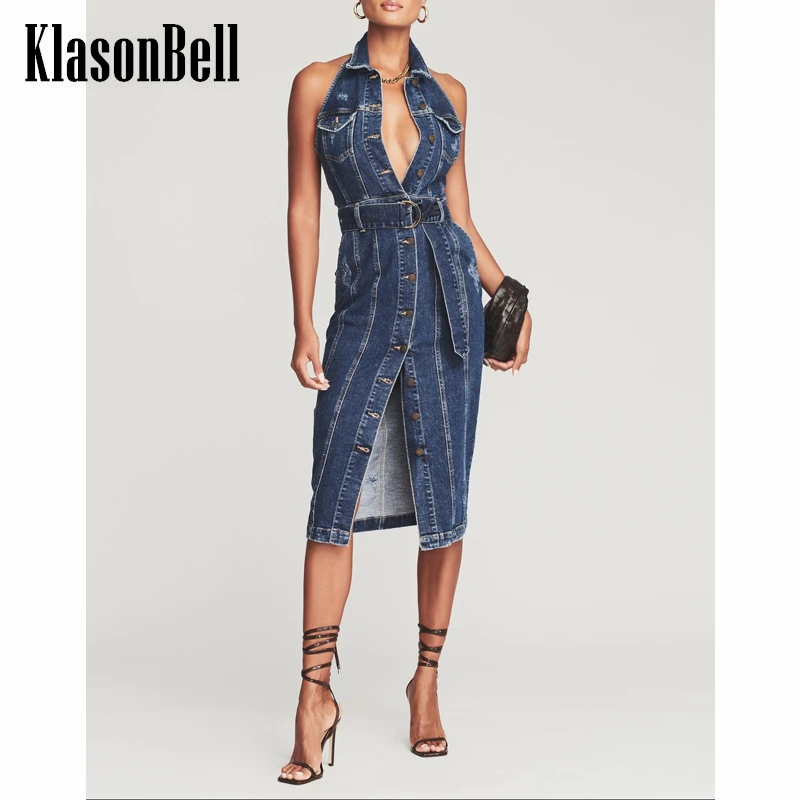 

Женское джинсовое платье без рукавов, с лямкой на шее и открытой спиной