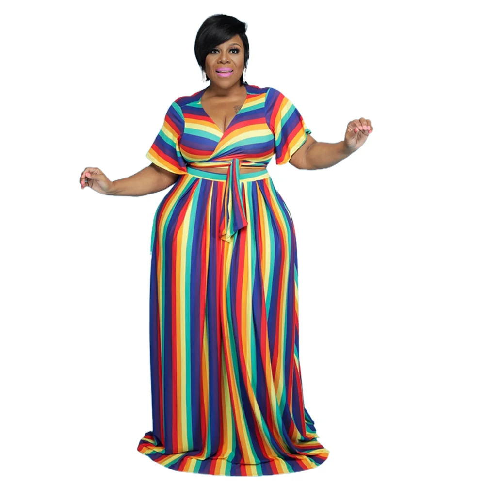 Plus Size Women's Suits 2023 Rainbow Stripe Large Size Suit New Trend Short Sleeve Sexy Suit Fashion Casual Female Clothes