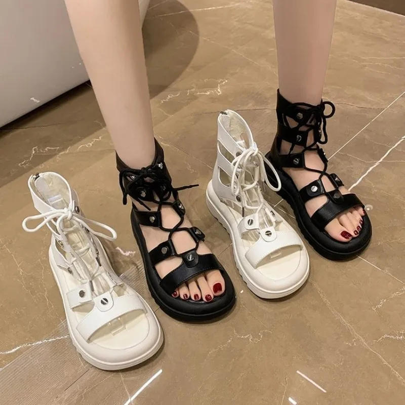 

New Summer Sandals Elevated Thick Sole Thick Shoe Black High Heels Fashion Roman Sandals сандали женские босоножки tacones