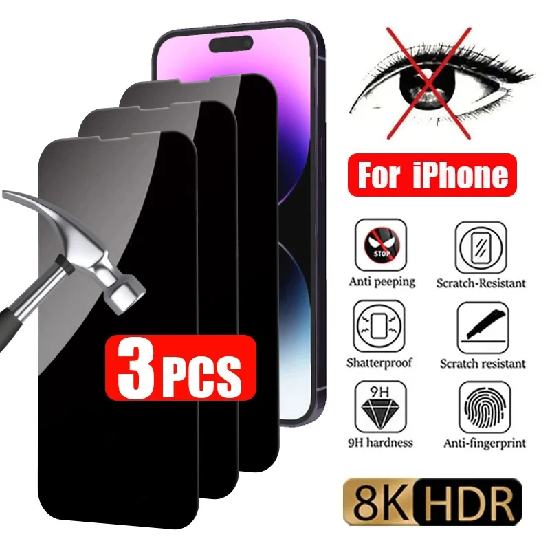 3 шт. антишпионское закаленное стекло для IPhone 16 15 14 13 12 11 Pro Max полное покрытие