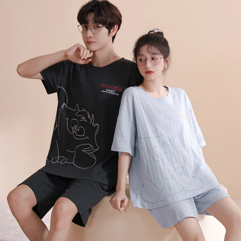Summer Men Cotton Pajamas Set Women Korean Home clothes Cartoon Couples Sleepwear Female pijama hombre verano corto Free Ship