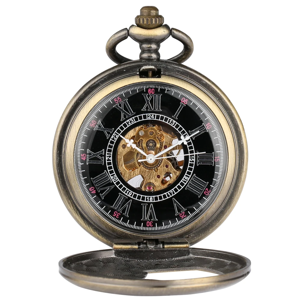 Bronze Half Wing Display Mechanical Pocket Watch Roman Numerals Dial Vintage Fob Chain Pendant Men Clock Hand Winding Timepiece