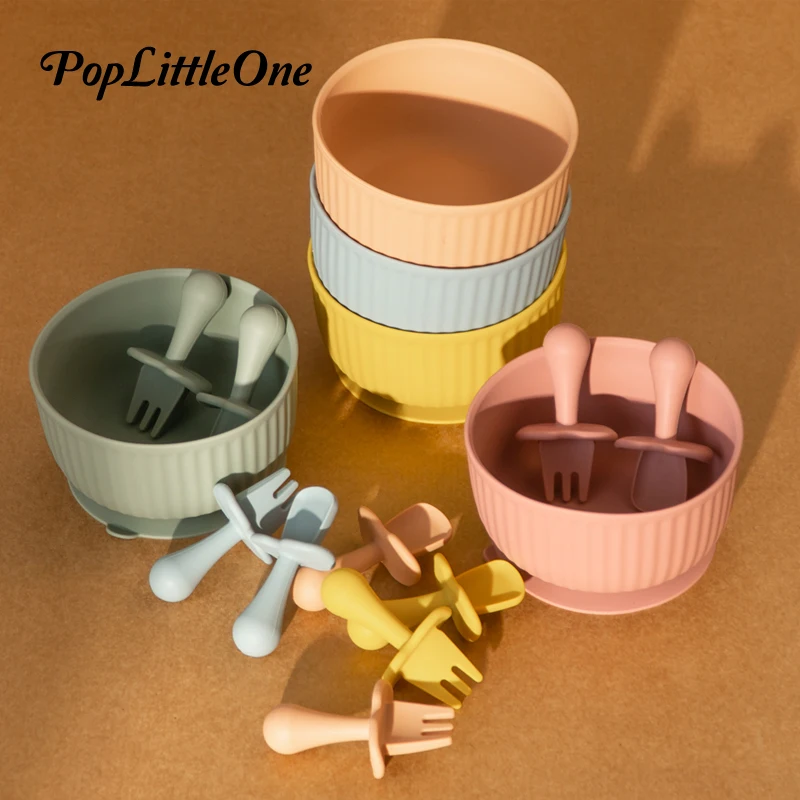 

Suction Cup Silicone Bowl Vertical Striped Children's Cutlery Short Fork Spoon Food Grade Silicone BPA Free Baby Training Bowl