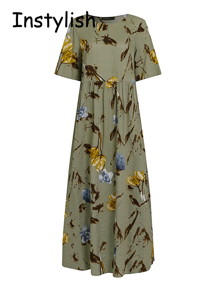 Винтажное платье-макси с цветочным принтом коротким рукавом и круглым вырезом -