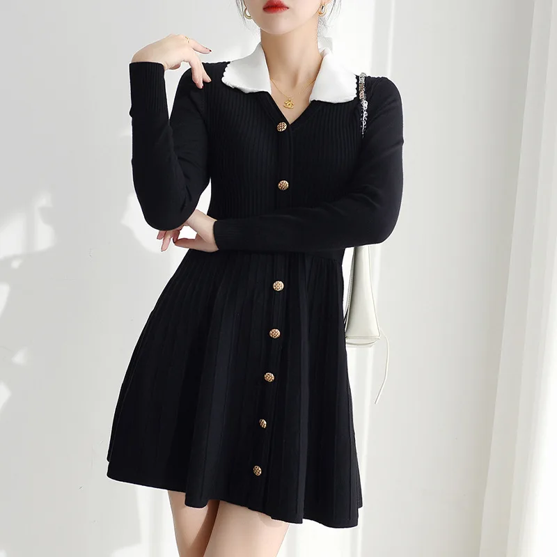 

Женское трикотажное платье-свитер, черное базовое платье-трапеция мини, элегантное офисное платье в японском и корейском стиле, весна 2022