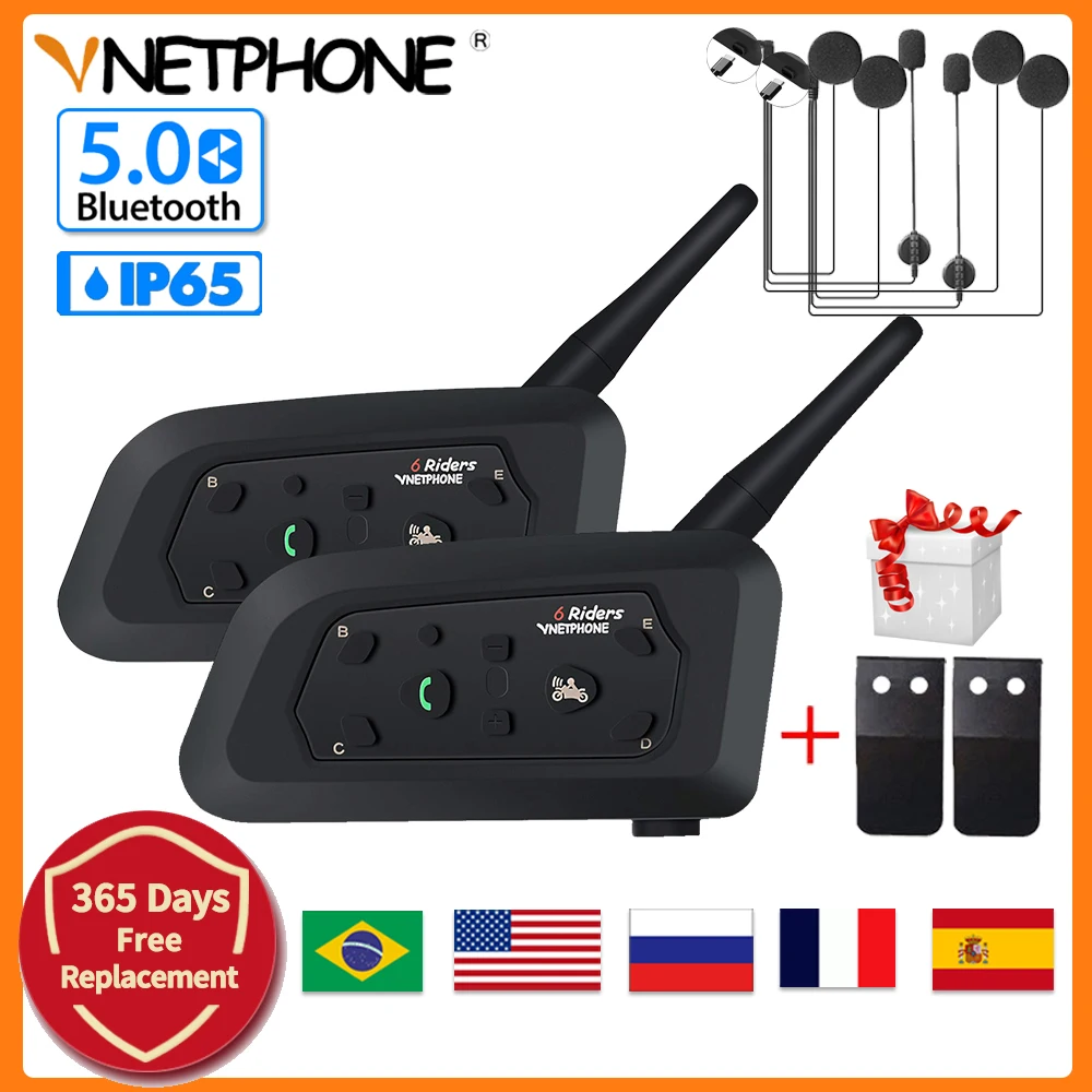 Vnetphone V6 Motorcycle Helmet Interphone Bluetooth Headset Intercom Type-C Jack Comunicador Full Duplex Interfones for 6 Riders