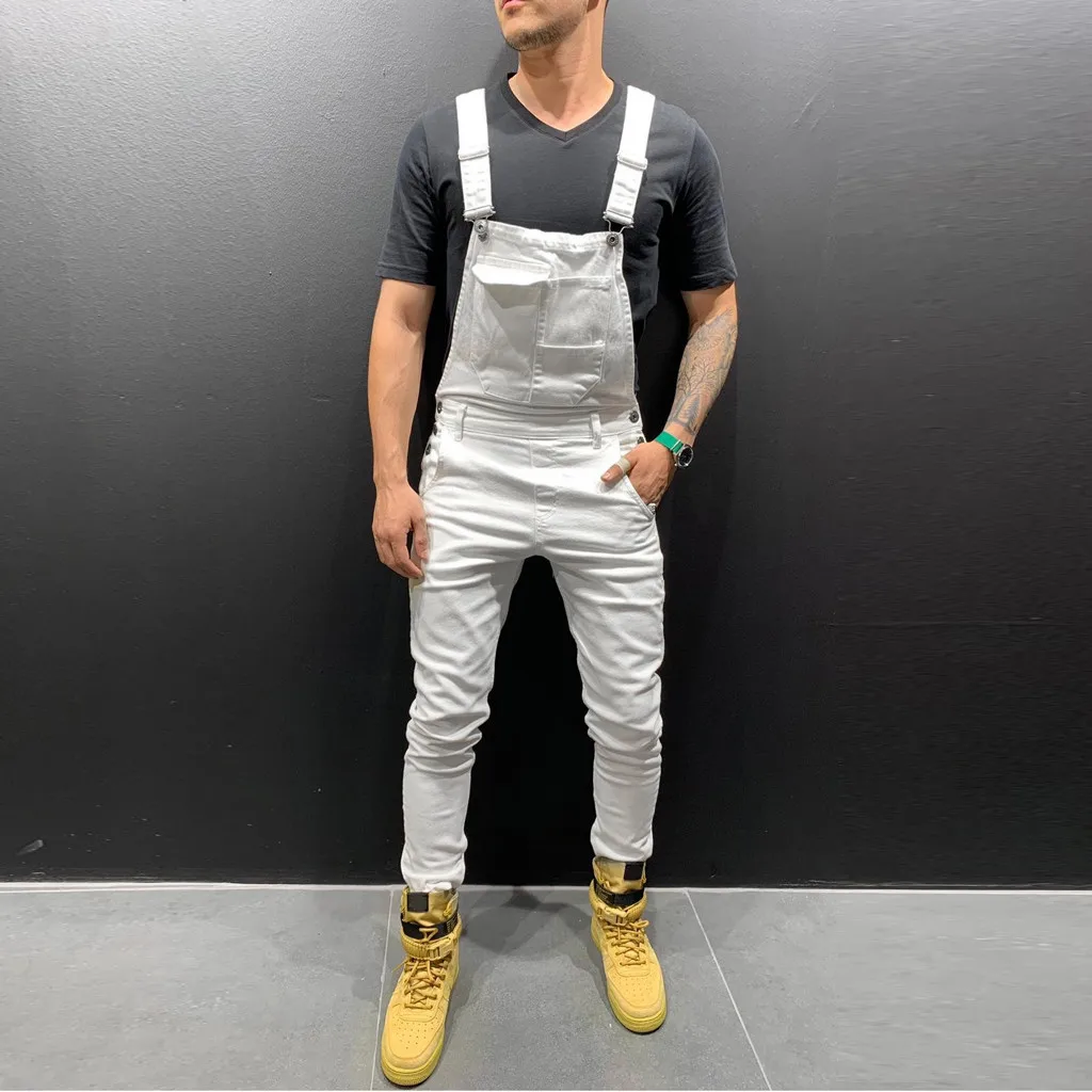Mens Pocket Jeans Overall Jumpsuit Streetwear Overall Suspender Pants