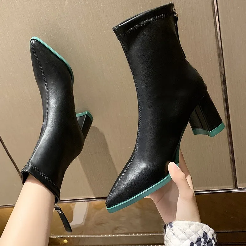 

Модные ботинки с острым носком на высоком каблуке, ботильоны на среднем каблуке, короткие ботинки, женские демисезонные ботинки на толстом ...