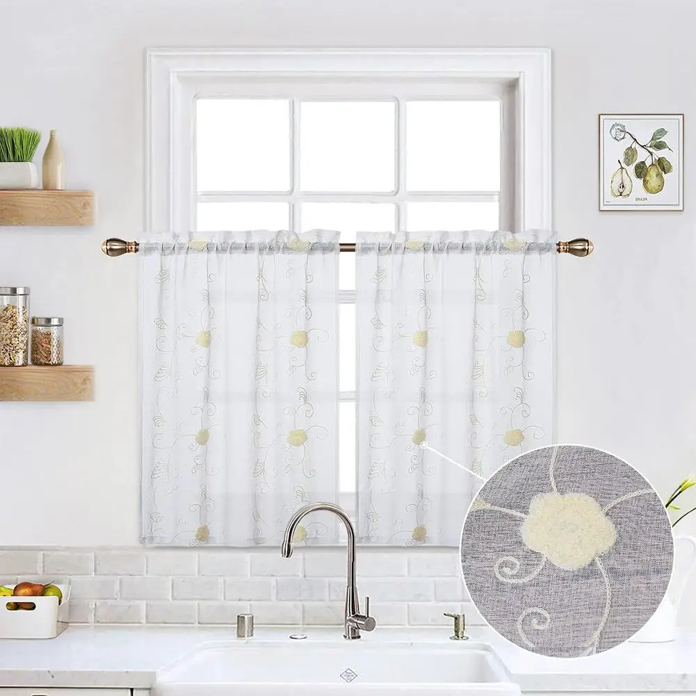 

Sheer Cafe Curtains 30 Inch Length Floral Embroidered Pom Design Sheer Curtains Rod Pocket Sheer Bathroom Curtain Window