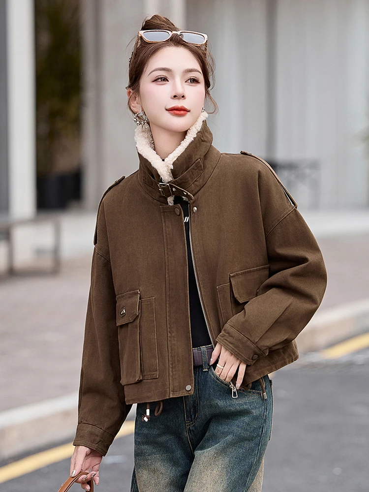 Ankela красное джинсовое пальто плюс бархатное женское короткое 2024 зимние