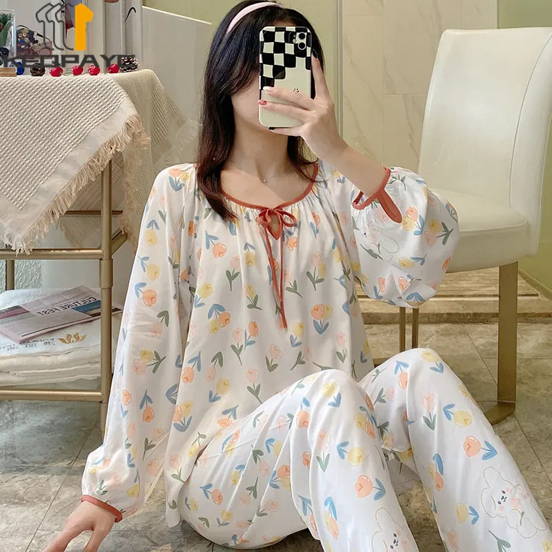 Women's Pajamas New 2023 Spring Autumn Long Sleeve Thin Sleepwear Homewear Women Sweet Floral Casual Nightwear Clothing Sets