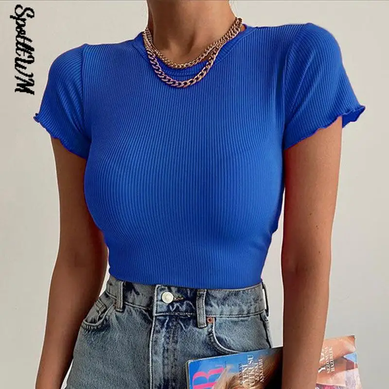 

Весенний женский пикантный вязаный пуловер с круглым вырезом и коротким рукавом, футболка, Женский эластичный Топ с высокой талией 2022, обле...