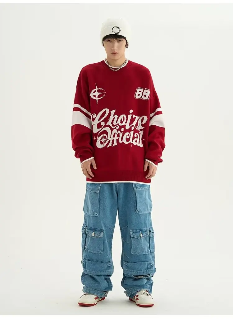 

New American Street Letter Jacquard Crew Neck Knit Fashion Brand Loose Versatile Couple Casual Sweater