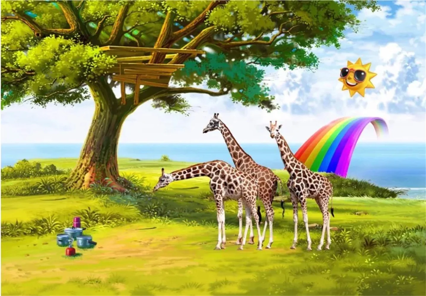 

на заказ художественная настенная наклейка для детской комнаты Радуга Жираф Фреска обои ТВ фон стены papel de parede 3d para sala atacado