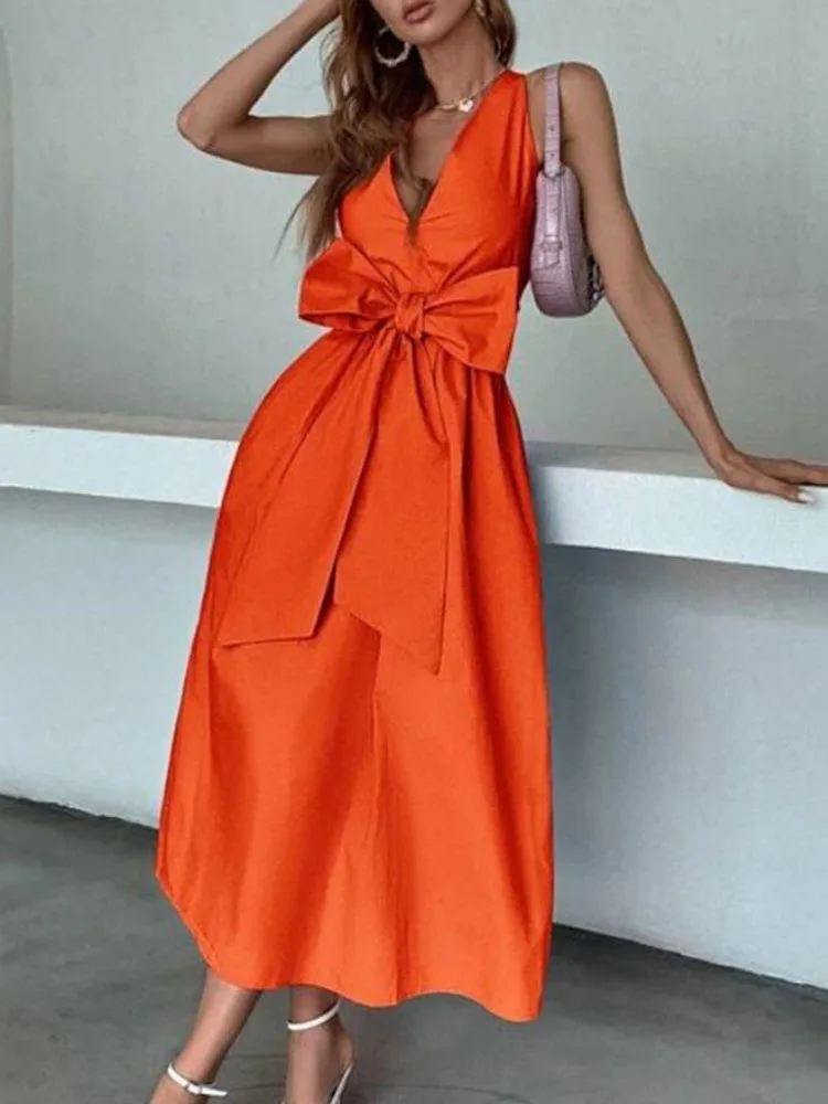 

Summer Sexy Off-the-shoulder High Waist Dress 2022 Elegant V-Neck Sling Bow Dress Women Fashion Solid Pocket Slim Party Dress