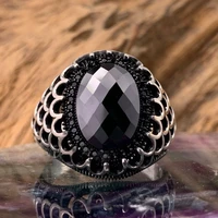 new retro silver color hollow out pattern rings for men and women shine black cz stone inlay fashion jewelry party gift ring