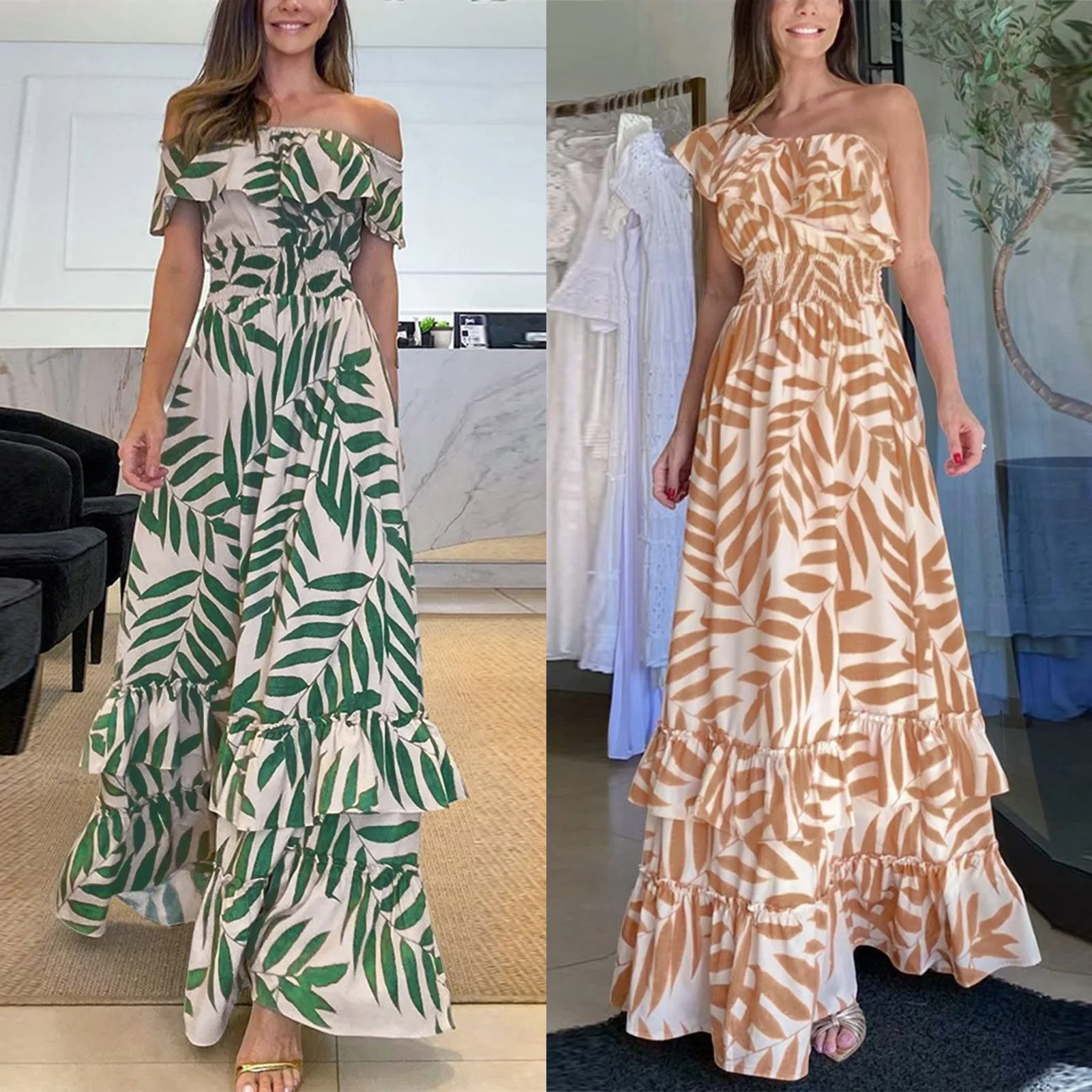 

Женское платье с открытыми плечами и широким подолом, с цветочным принтом