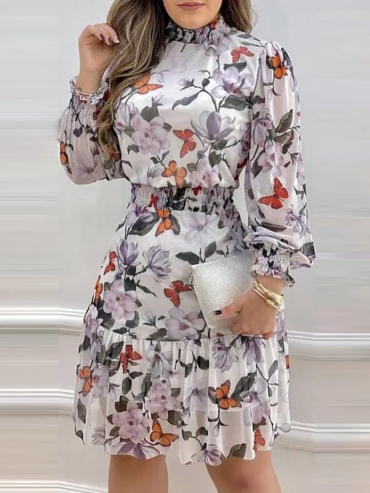 

Floral Print Lantern Sleeve Ruffles Dress Women Daily Casual Midi Dress