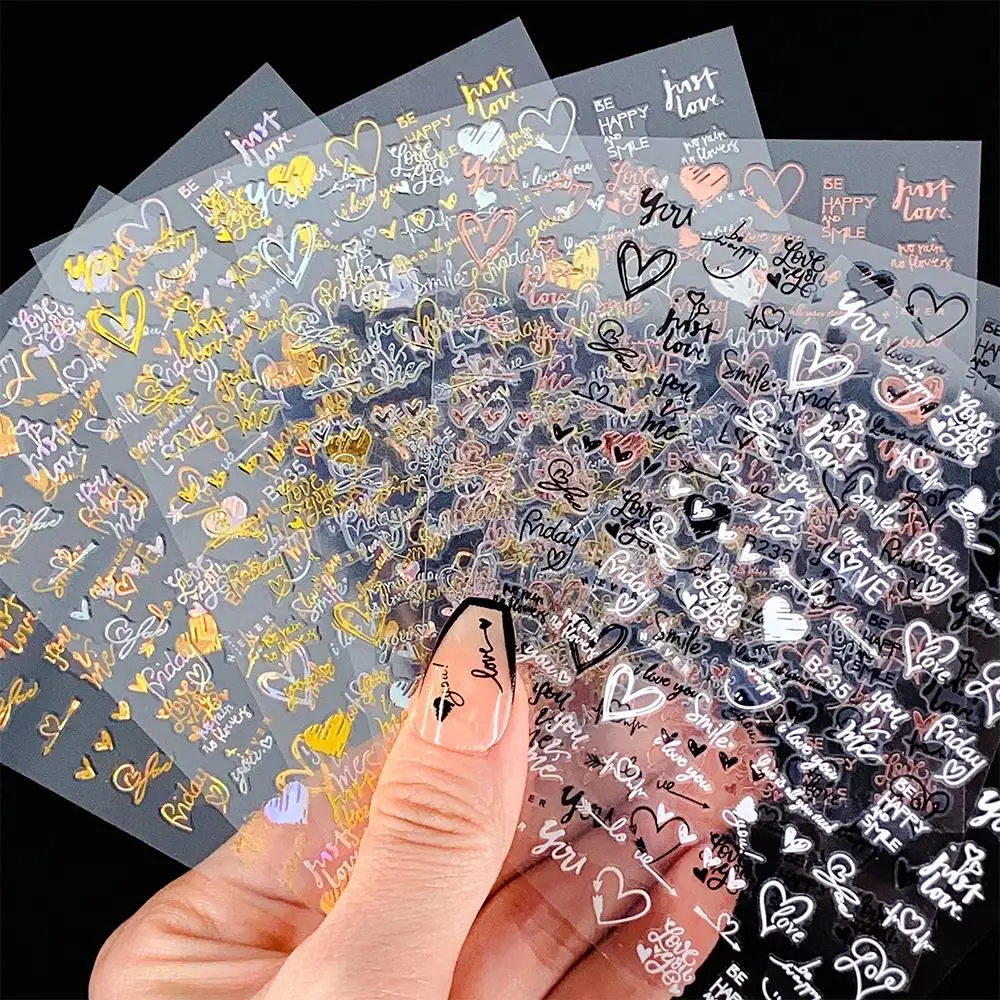 

1PCS 3D Holographic Heart Letter Nail Sticker Heart Love Design Nail Art Decals Laser Silver Gold Wave Lines Stripe Sliders