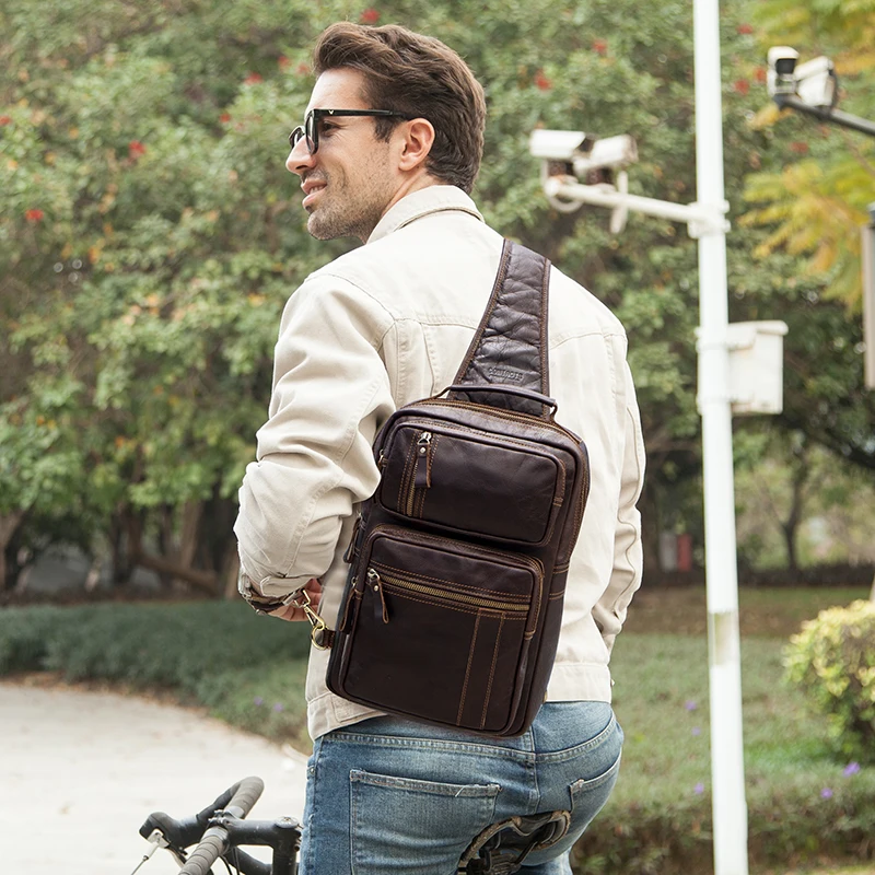 Bag Bags Men Chest 13.3" Leather For Genuine Casual Pack Messenger Laptop Multifunction Chest Bag Male For Crossbody