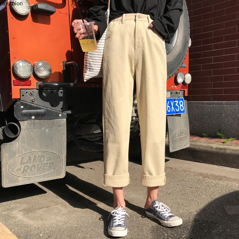 

Джинсы женские с высокой талией, модные эластичные штаны из денима на пуговицах, с карманами, Houthion, весна-лето