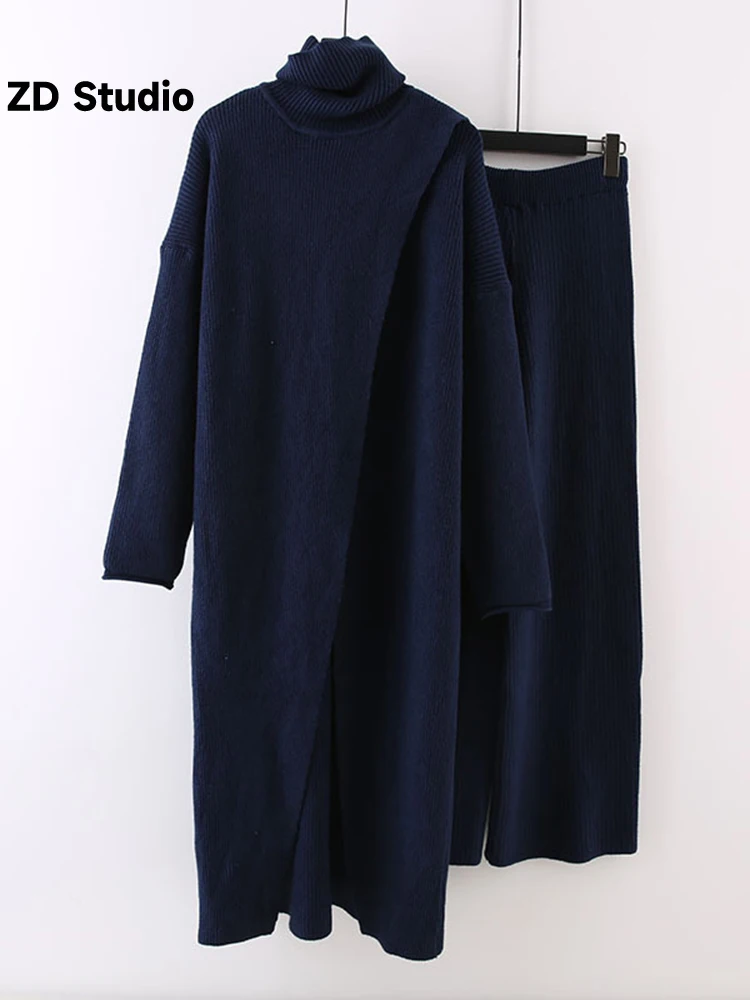 

[ZD Studio] Split Long High Neck Sweaters With Wide Leg Pants 2 Pieces Knitted Thickened Sets Female Loose Clothing Autumn