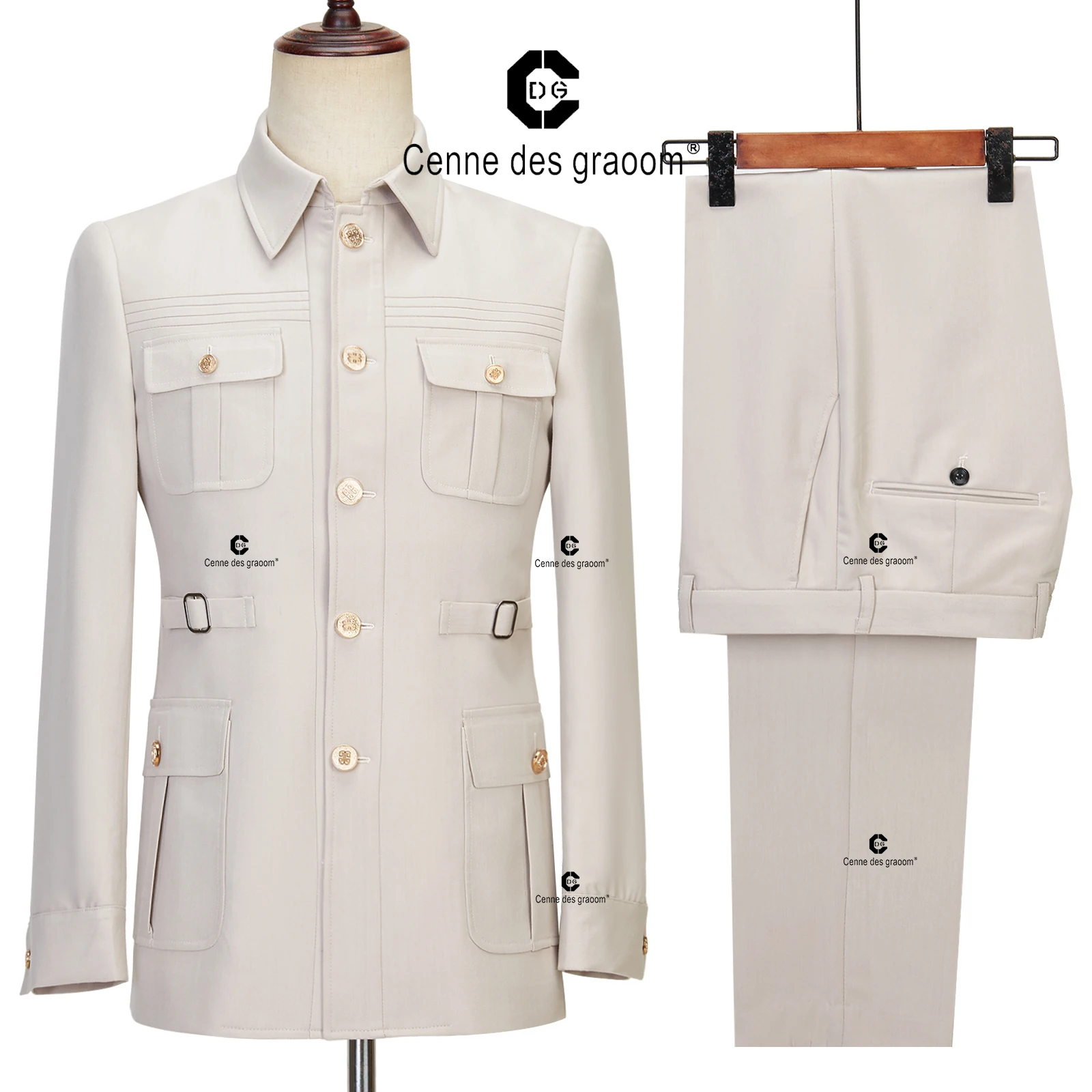 

Мужские костюмы Cenne Des Graoom Safari с золотыми пуговицами и квадратным воротником индивидуальная формальная повседневная деловая официальная одежда хаки