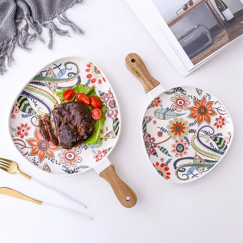 

Butterfly Love Flower Series High Temperature Dumb Glaze with Coloured Acacia Wood Handle Ceramic Plate, Steak Plate Western Di