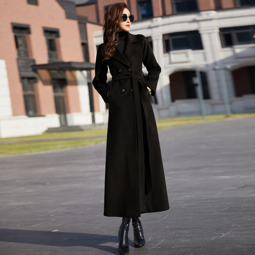

New Women Long Woolen Coat Spring Autumn Fashion Simplicity Double Breasted Slim Wool Blends Overcoat Winter Black Outerwear