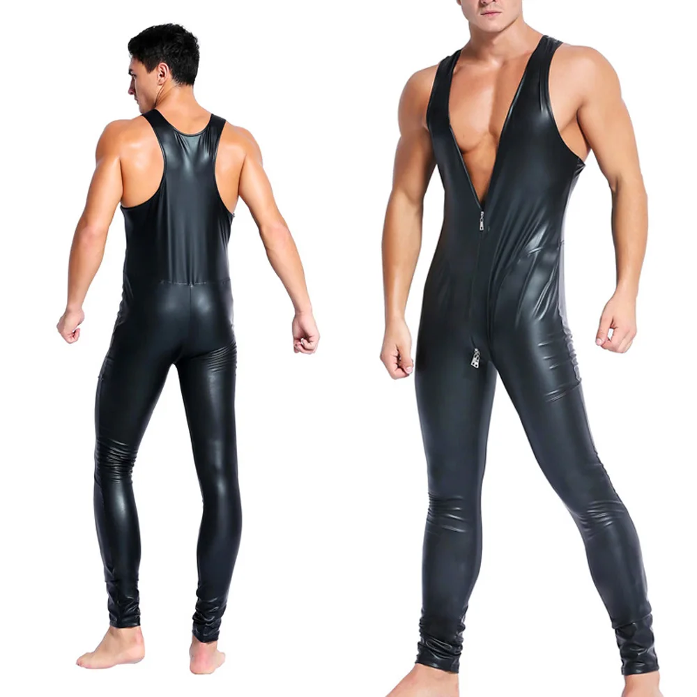 

Men's Sexy Zipper Nightclub Stage Costume Lingerie Underwear Bodysuit Jumpsuit PU Leather Front Zipper Open Crotch Erotic Suit