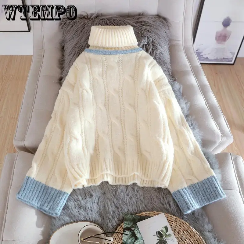 

WTEMPO Women's Long Sleeve Cable Knit Sweater Turtleneck Knitwear Loose Crop Pullover Jumper Soft Comfy Knitting Tops